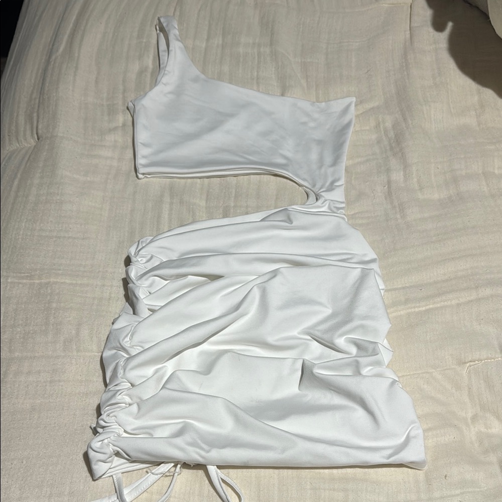 White One-Shoulder Ruched Dress